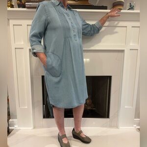 NWT J. Jill Denim Chambray Pin-tucked Shirt Dress Roll tab Sleeve Size: L Tall